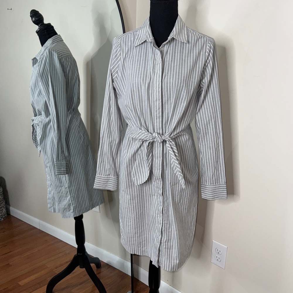 Calvin Klein Gray and White Striped Shirt Dress with Tie Waist
